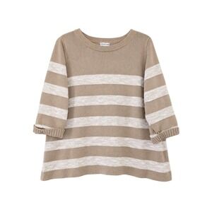 Croft & Barrow Womens 2X Tan White Striped‎ Knit Sweater 3/4 Sleeve Crew Neck